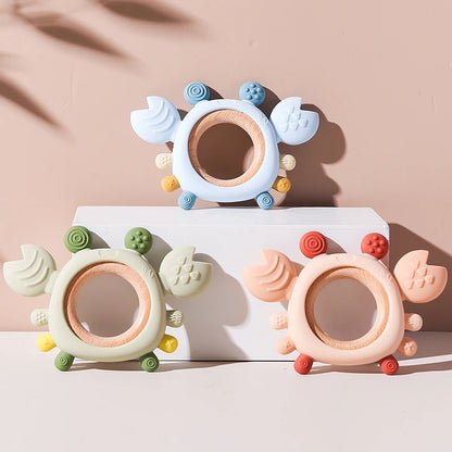 Silicone Baby Teether Crab Wooden Ring BPA-Free Teething Toy 0–6M