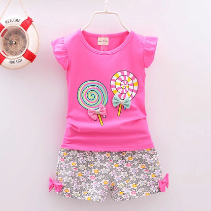 Baby Girls Summer Clothes Set T-shirt + Shorts Lollipop Print Toddler Outfit