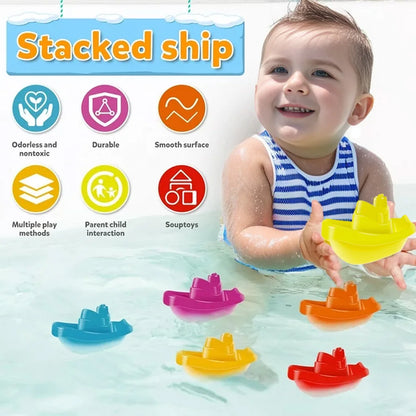 Baby Bath Stacking Boat & Spoon Toys Rainbow Color Fold Tower Early Education Gift