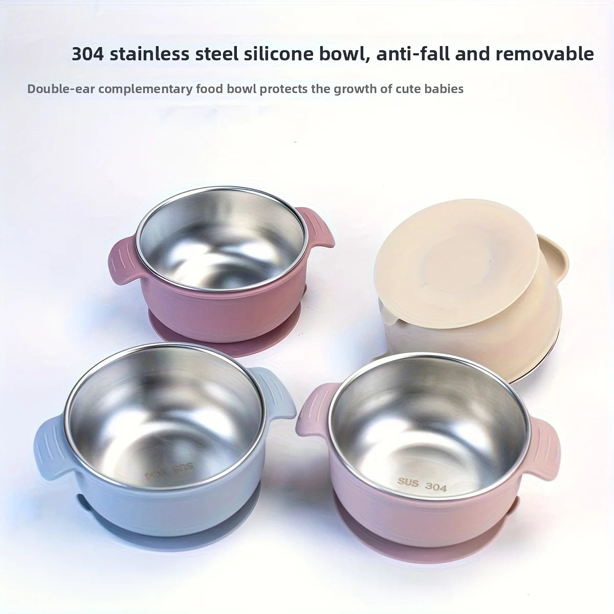 Mother Baby 3-Piece Feeding Set Stainless Steel Silicone Plate Bowl Fork Spoon Baby Food Supplement
