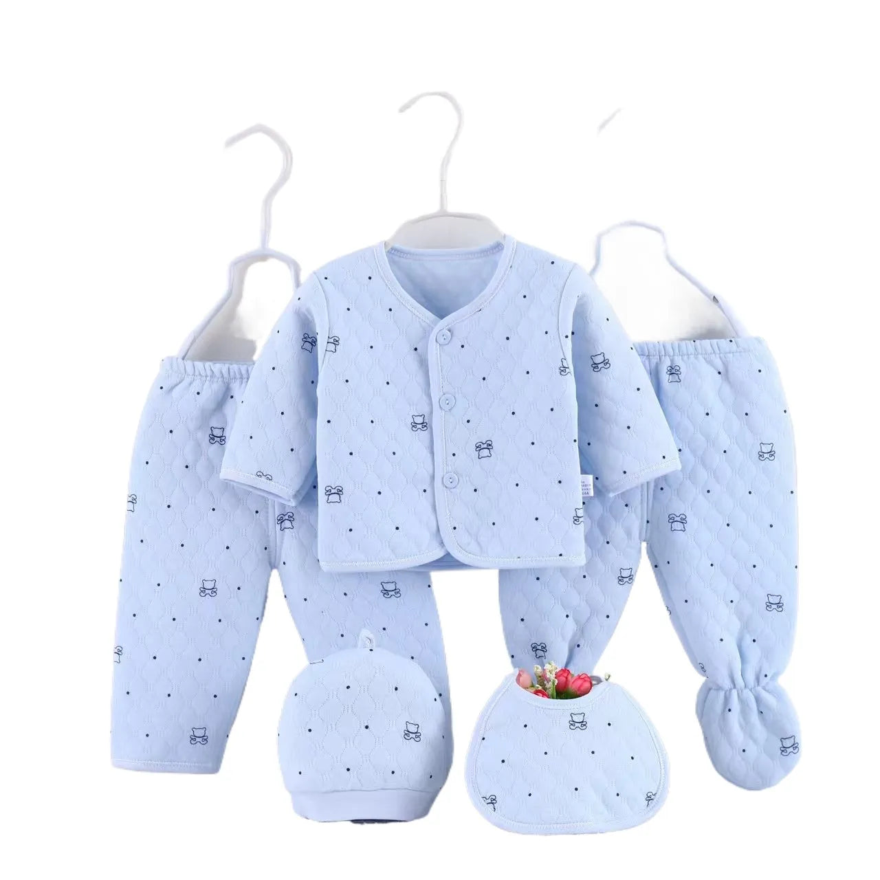 Baby Cotton Quilted 5-Piece Clothing Set Newborn Pajamas Hat & Bib