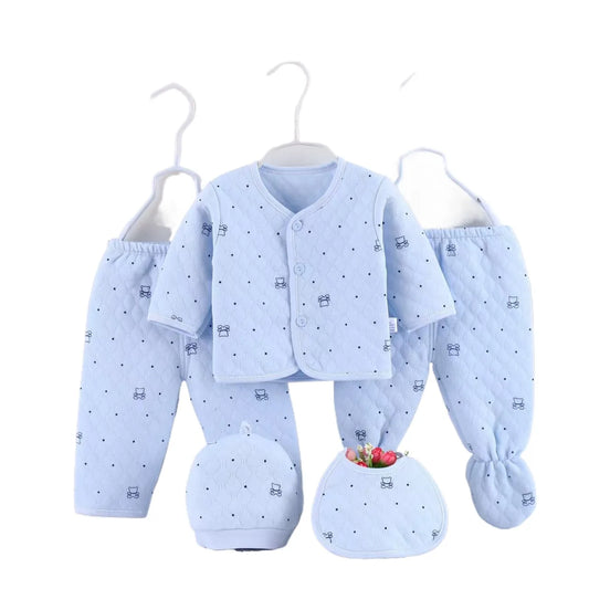 Baby Cotton Quilted 5-Piece Clothing Set Newborn Pajamas Hat & Bib