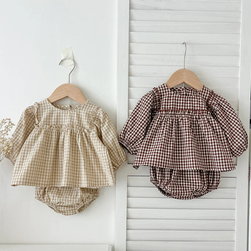 Baby Cotton Clothes Set 0-2Y Plaid Tee + Bloomer 2PCS Toddler Outfit