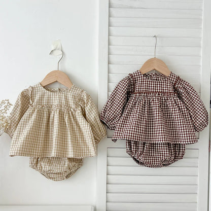 Baby Cotton Clothes Set 0-2Y Plaid Tee + Bloomer 2PCS Toddler Outfit