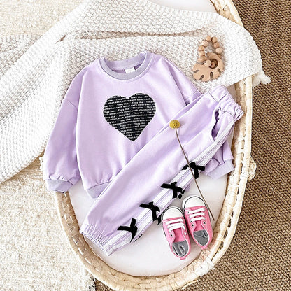 Baby Girl Outfit Set Cotton Love Sweatshirt + Bow Pants Long Sleeve Toddler Clothing
