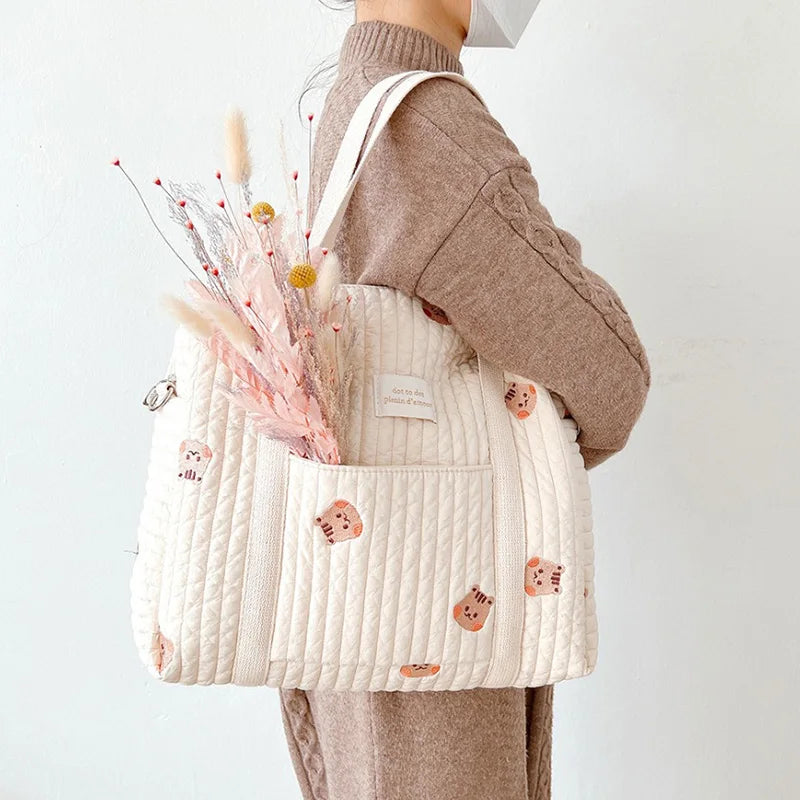 Baby Zipper Diaper Handbag Cotton Bag with Cute Bear Embroidery