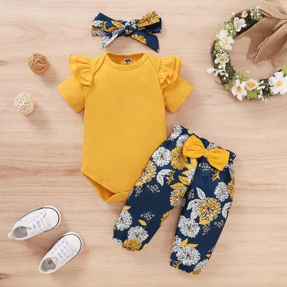 Newborn Baby Girls 3PCS Clothing Set Bodysuit Pants Headband Toddler Outfit