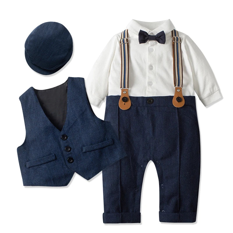 Newborn Boy Formal Clothes Set Romper Hat Vest Long Sleeve Jumpsuit