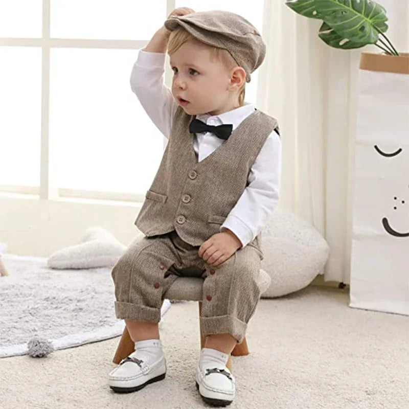 Newborn Boy 3PCS Formal Outfit Romper Vest Hat Jumpsuit