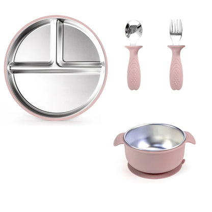 Mother Baby 3-Piece Feeding Set Stainless Steel Silicone Plate Bowl Fork Spoon Baby Food Supplement