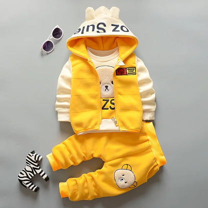 Baby Autumn Winter Clothing Set Boys Girls Hooded Cartoon Bear Thick Velvet 3-Piece Suit 0-4Y