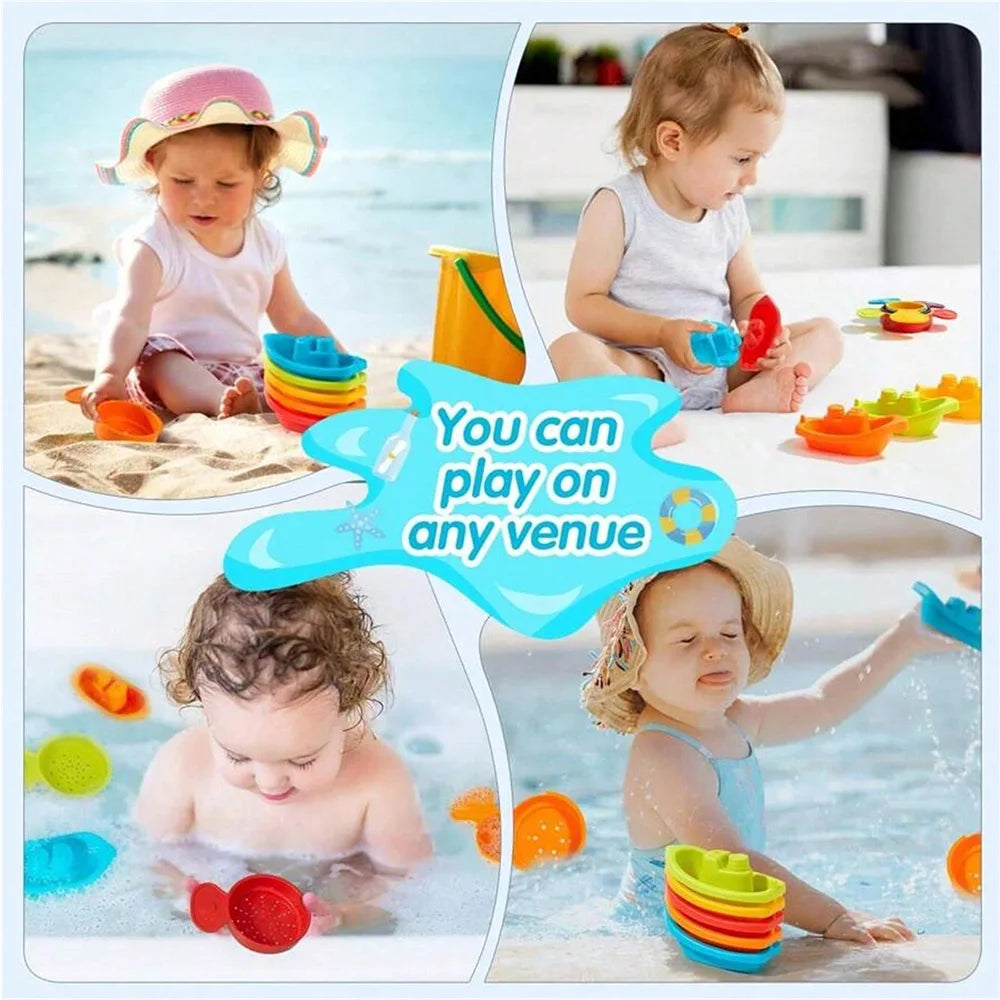 Baby Bath Stacking Boat & Spoon Toys Rainbow Color Fold Tower Early Education Gift