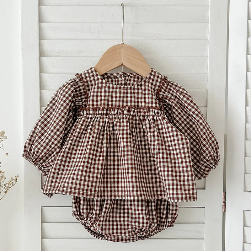 Baby Cotton Clothes Set 0-2Y Plaid Tee + Bloomer 2PCS Toddler Outfit
