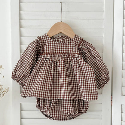 Baby Cotton Clothes Set 0-2Y Plaid Tee + Bloomer 2PCS Toddler Outfit