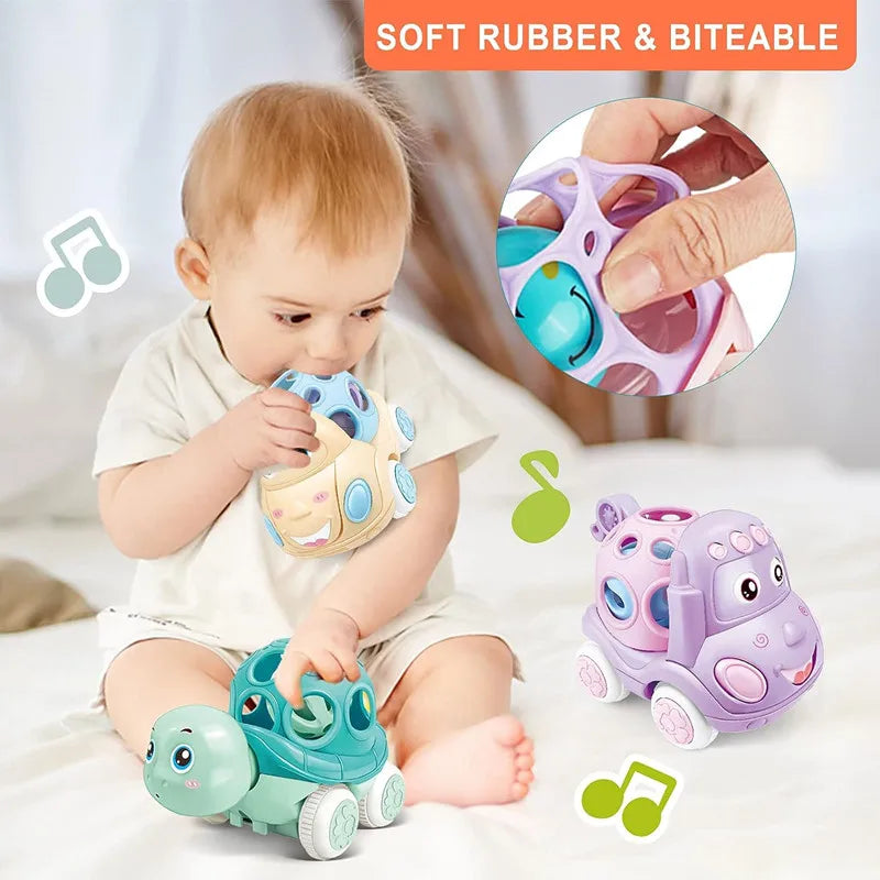 Baby Friction Car Toy 6-12 Months Soft Rubber Push & Go Roll Vehicle Rattle Gift