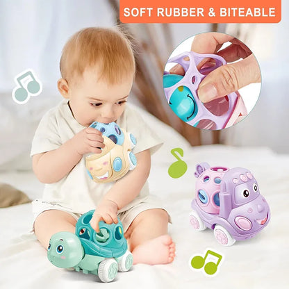 Baby Friction Car Toy 6-12 Months Soft Rubber Push & Go Roll Vehicle Rattle Gift