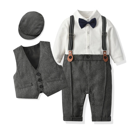 Newborn Boy Formal Clothes Set Romper Hat Vest Long Sleeve Jumpsuit