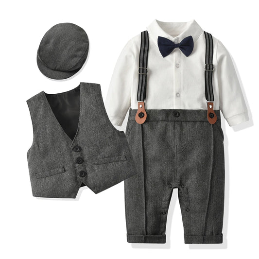 Newborn Boy Formal Clothes Set Romper Hat Vest Long Sleeve Jumpsuit