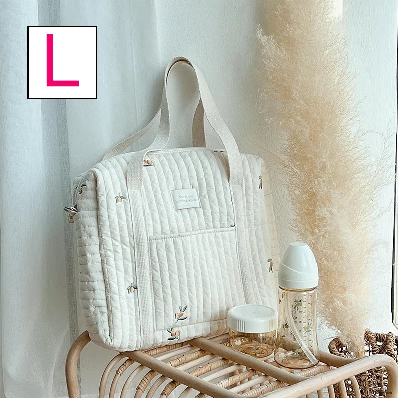Baby Zipper Diaper Handbag Cotton Bag with Cute Bear Embroidery