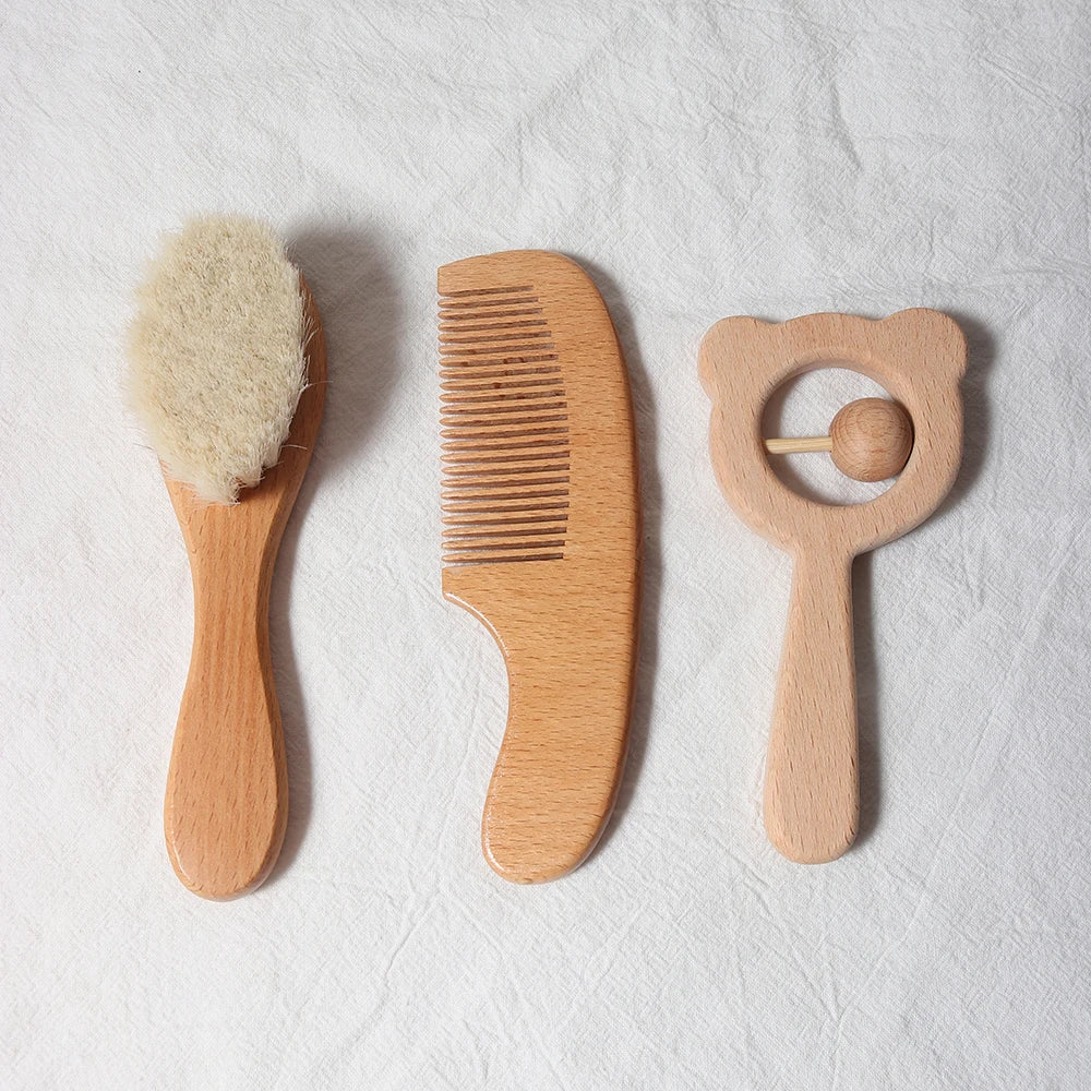 Baby Comb Brush Set Newborn Gift Natural Wooden Comb Bib Pacifier Clip