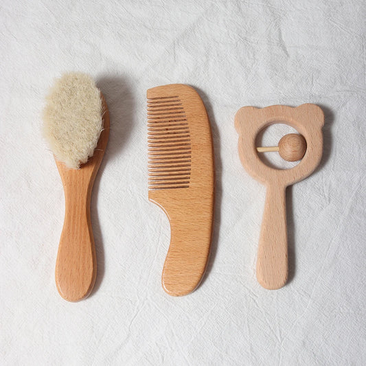 Baby Comb Brush Set Newborn Gift Natural Wooden Comb Bib Pacifier Clip