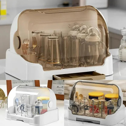 Portable Baby Bottle Drying Rack & Organizer Dustproof with Removable Drip Tray