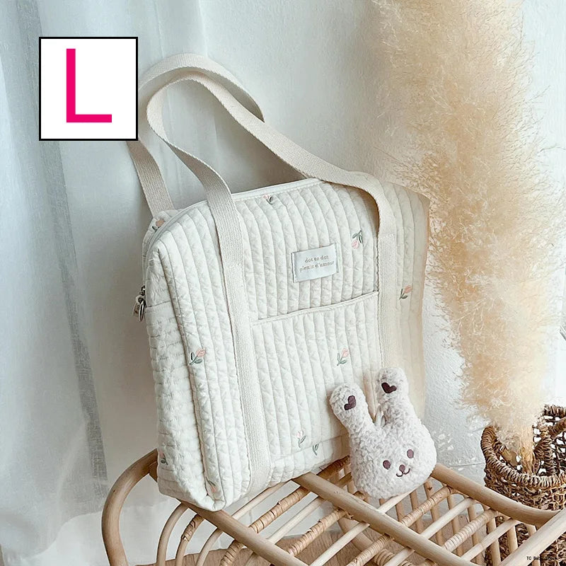 Baby Zipper Diaper Handbag Cotton Bag with Cute Bear Embroidery