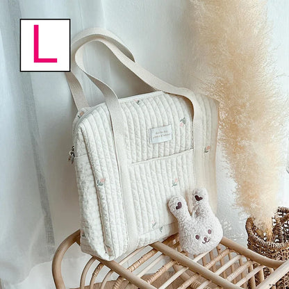 Baby Zipper Diaper Handbag Cotton Bag with Cute Bear Embroidery