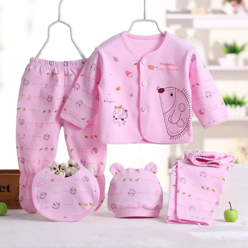5PCS Newborn Baby Clothes Set Cotton Top Pants Hat Bibs 0-3M
