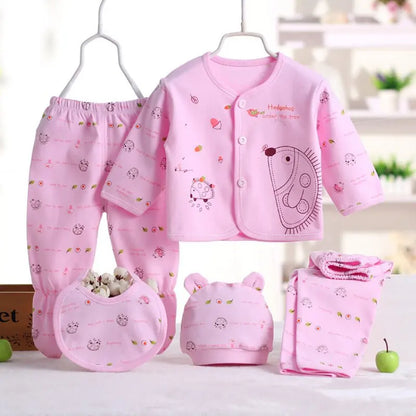 5PCS Newborn Baby Clothes Set Cotton Top Pants Hat Bibs 0-3M