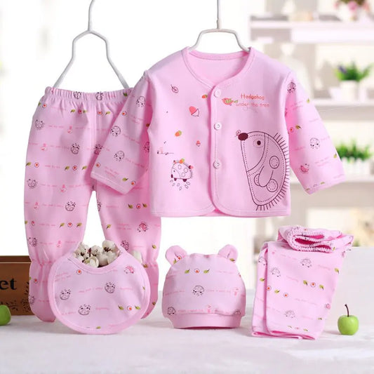 5PCS Newborn Baby Clothes Set Cotton Top Pants Hat Bibs 0-3M