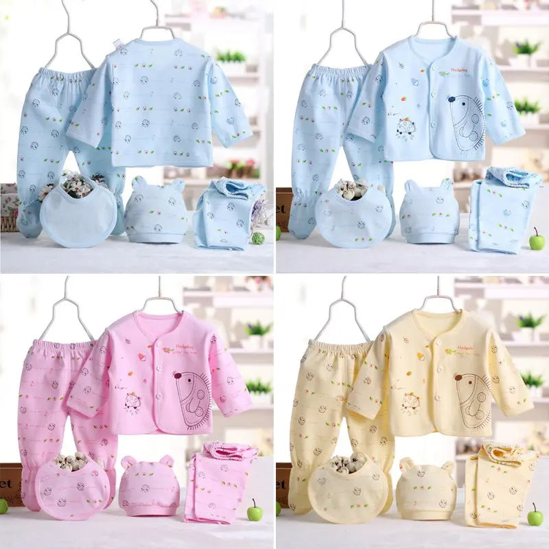 5PCS Newborn Baby Clothes Set Cotton Top Pants Hat Bibs 0-3M