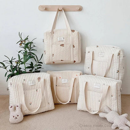 Baby Zipper Diaper Handbag Cotton Bag with Cute Bear Embroidery