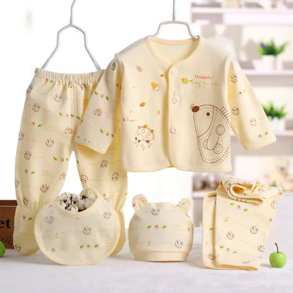 5PCS Newborn Baby Clothes Set Cotton Top Pants Hat Bibs 0-3M
