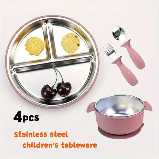 Mother Baby 3-Piece Feeding Set Stainless Steel Silicone Plate Bowl Fork Spoon Baby Food Supplement