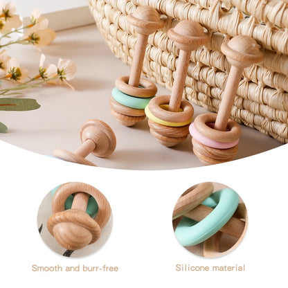 Baby Wooden Rattles Silicone Ring Teether 0-12M Sensory Toys Baby Gifts