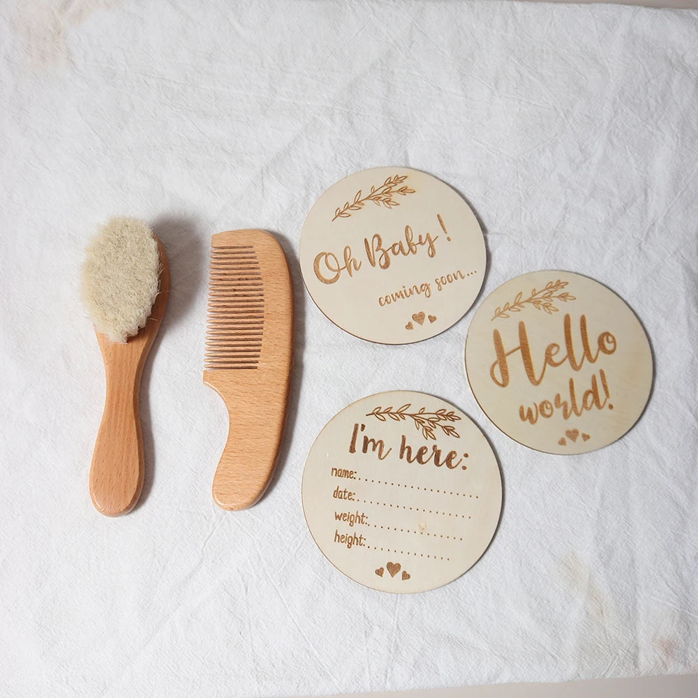 Baby Comb Brush Set Newborn Gift Natural Wooden Comb Bib Pacifier Clip