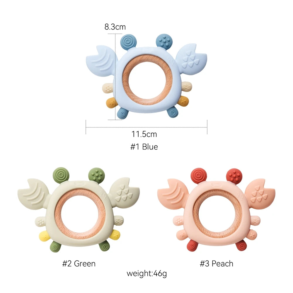 Silicone Baby Teether Crab Wooden Ring BPA-Free Teething Toy 0–6M