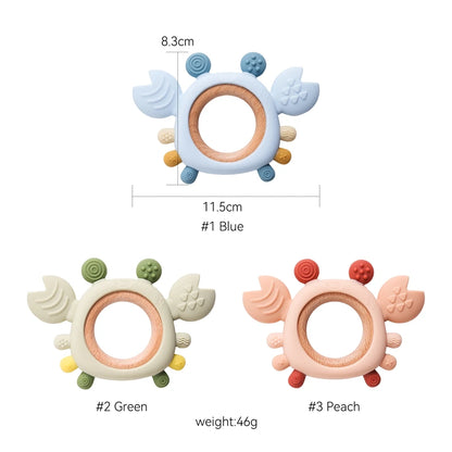 Silicone Baby Teether Crab Wooden Ring BPA-Free Teething Toy 0–6M