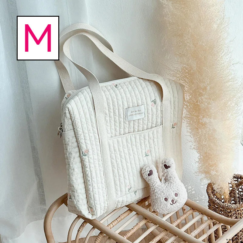 Baby Zipper Diaper Handbag Cotton Bag with Cute Bear Embroidery