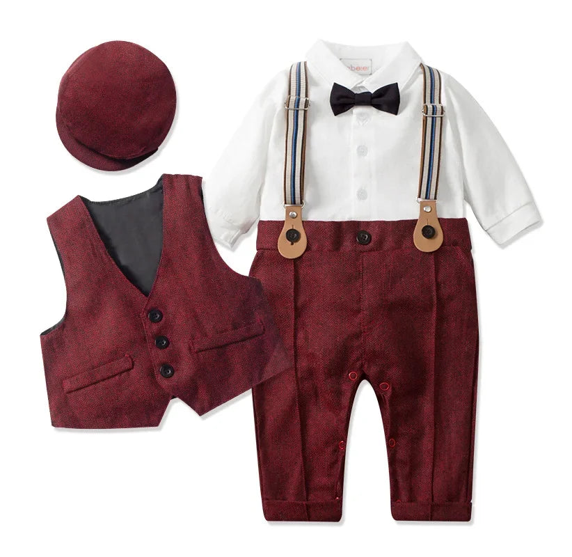 Baby Boys Gentleman Romper Suit Jacket Hat Outfit Spring Autumn