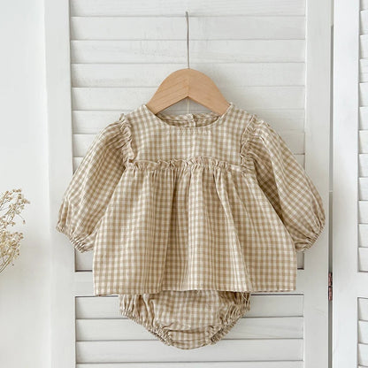 Baby Cotton Clothes Set 0-2Y Plaid Tee + Bloomer 2PCS Toddler Outfit