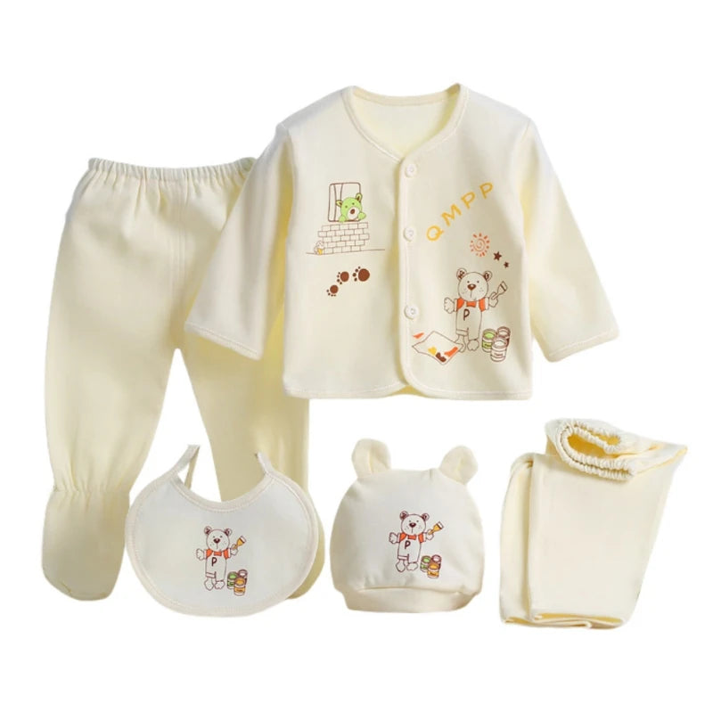 Newborn Baby Clothing Set Tops Pants Bib Hat Cotton Cartoon Print 0-3 Months