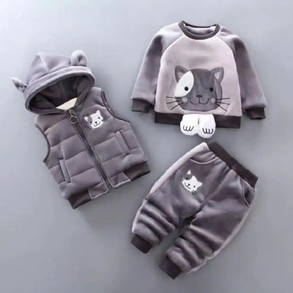 Baby Autumn Winter Clothing Set Boys Girls Hooded Cartoon Bear Thick Velvet 3-Piece Suit 0-4Y