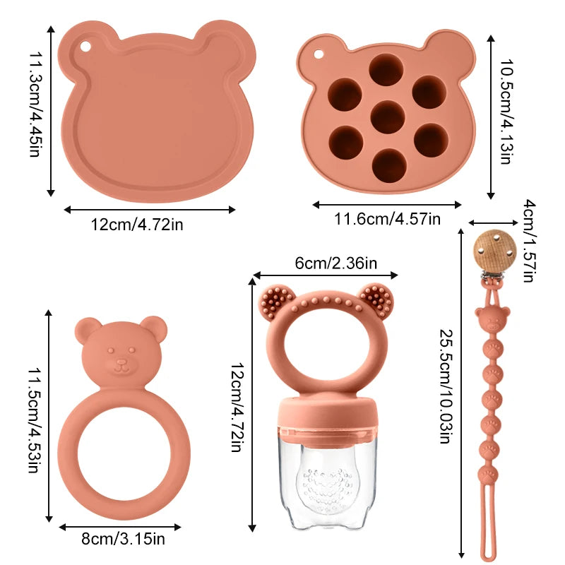 BPA-Free Silicone Baby Essentials Set Fruit Feeder Pacifier Clip Bear Teether