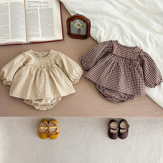 Baby Cotton Clothes Set 0-2Y Plaid Tee + Bloomer 2PCS Toddler Outfit
