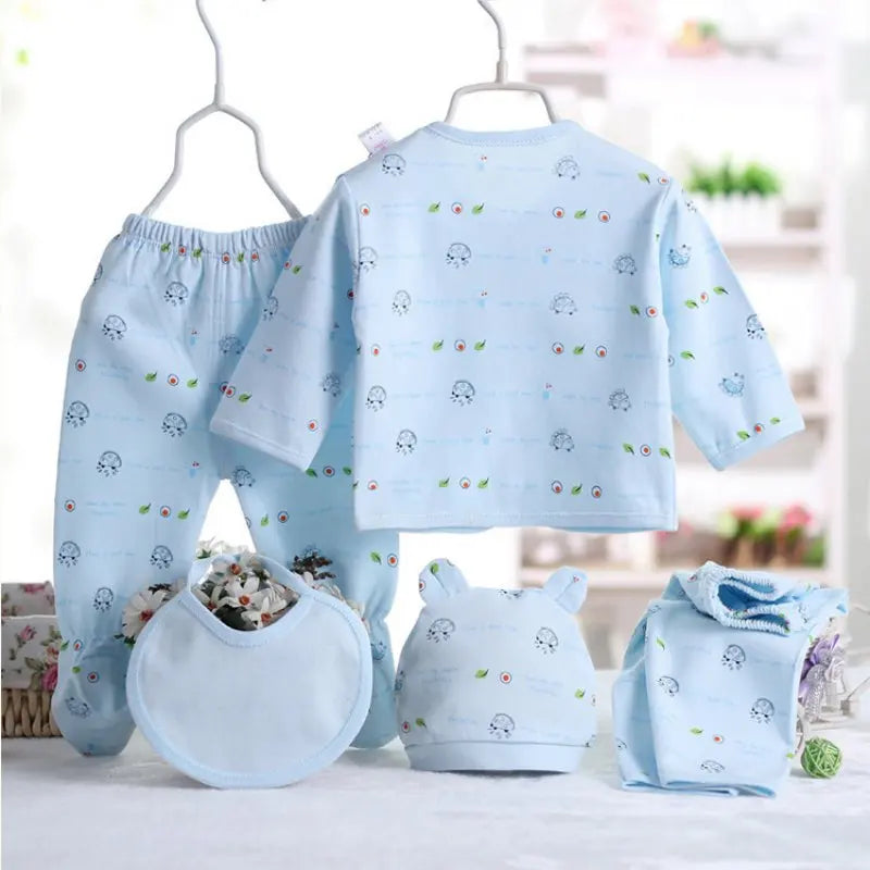 5PCS Newborn Baby Clothes Set Cotton Top Pants Hat Bibs 0-3M