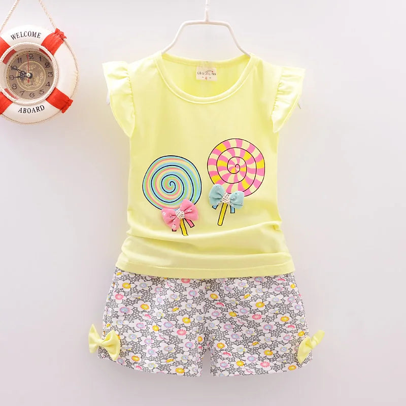 Baby Girls Summer Clothes Set T-shirt + Shorts Lollipop Print Toddler Outfit