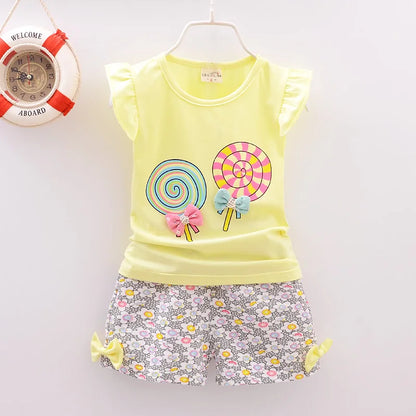 Baby Girls Summer Clothes Set T-shirt + Shorts Lollipop Print Toddler Outfit
