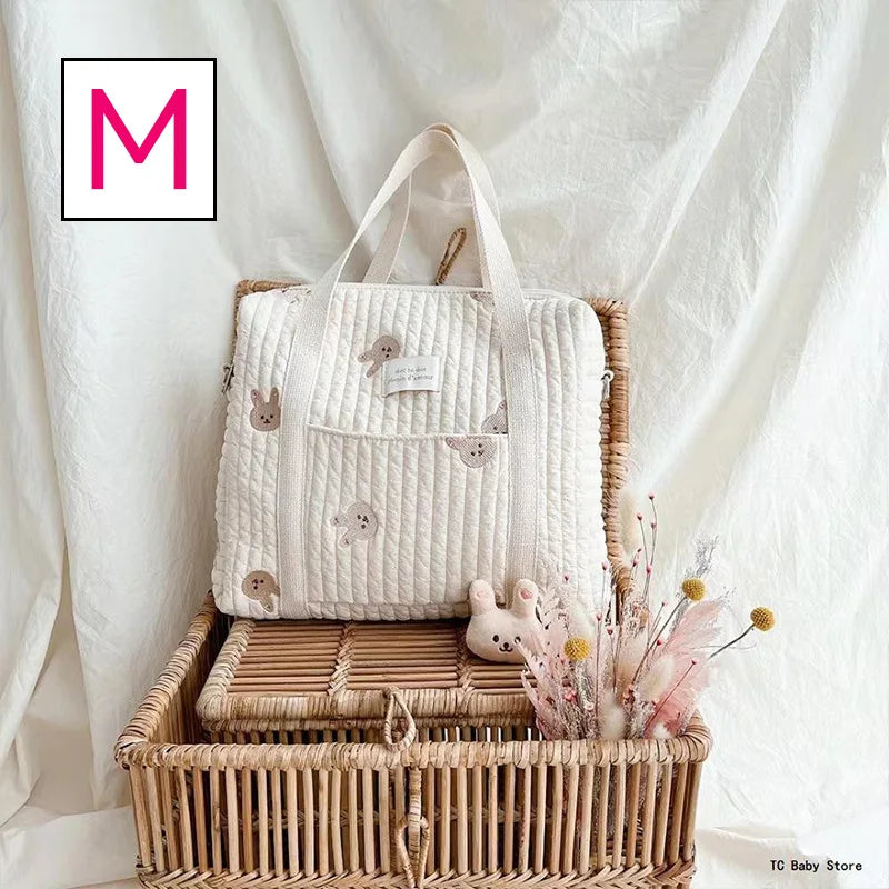 Baby Zipper Diaper Handbag Cotton Bag with Cute Bear Embroidery